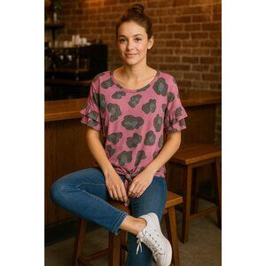 First Love Pink Leopard Tie-Hem Top Ruffle Sleeves Casual Chic Street Style